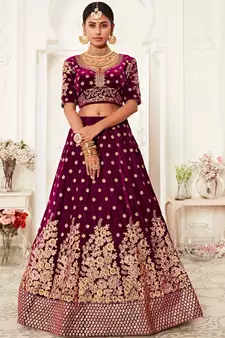 purple velvet zari embroidered heavy bridal lehenga set choli with dupatta with dupatta