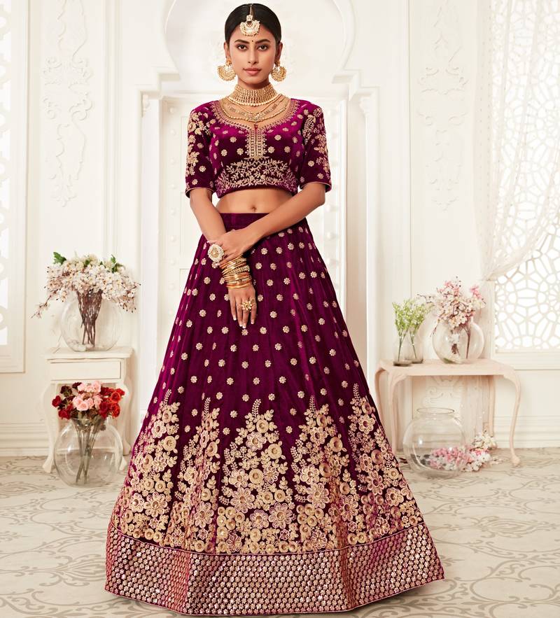 Amazing Purple Velvet Zari Embroidered Heavy Bridal Lehenga Choli with Dupatta