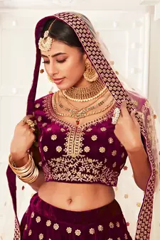 purple velvet zari embroidered heavy bridal lehenga set choli with dupatta with dupatta