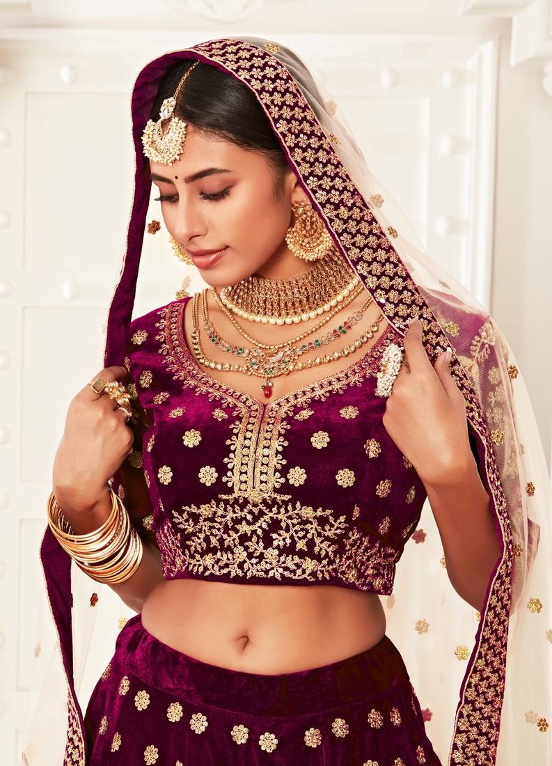 Amazing Purple Velvet Zari Embroidered Heavy Bridal Lehenga Choli with Dupatta