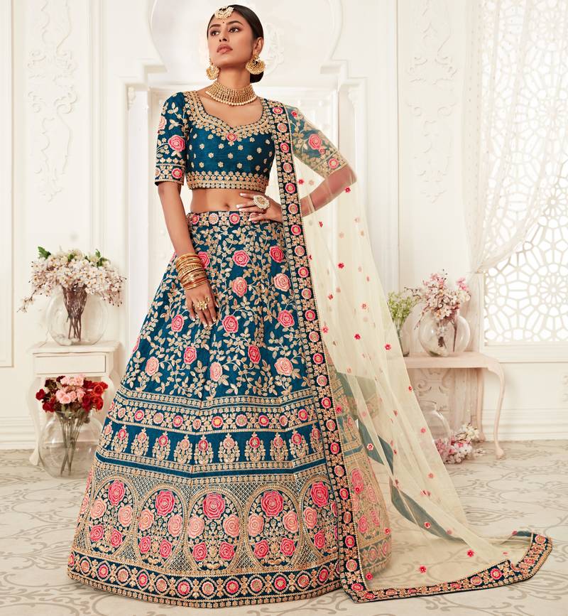 Exotic Blue Zari Embroidered Art Silk Designer Lehenga Choli For Wedding