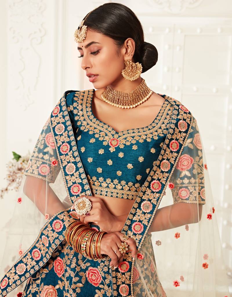 Exotic Blue Zari Embroidered Art Silk Designer Lehenga Choli For Wedding