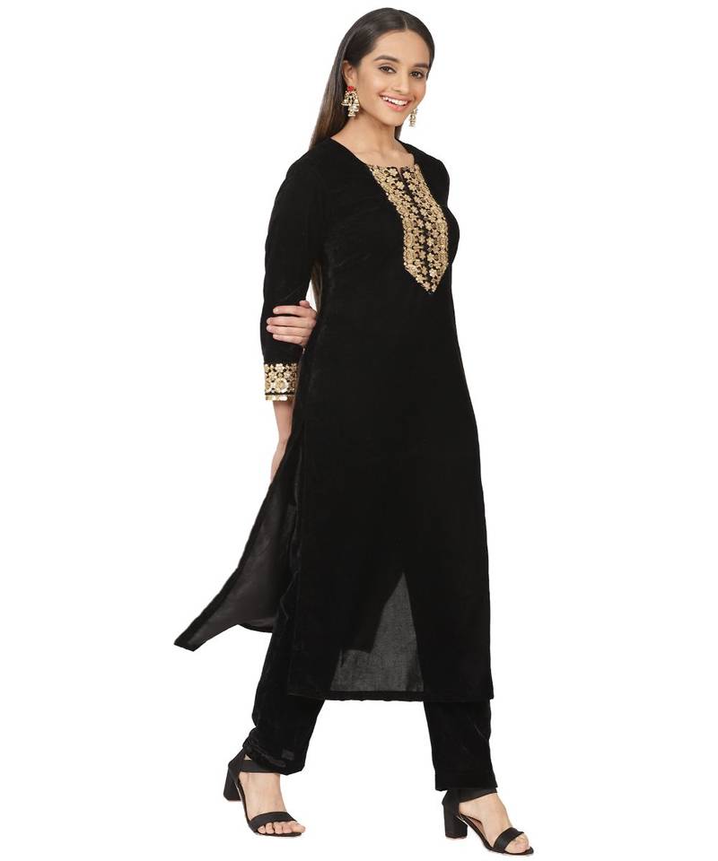 Black Velvet Zari Straight Kurti with Straight Pants