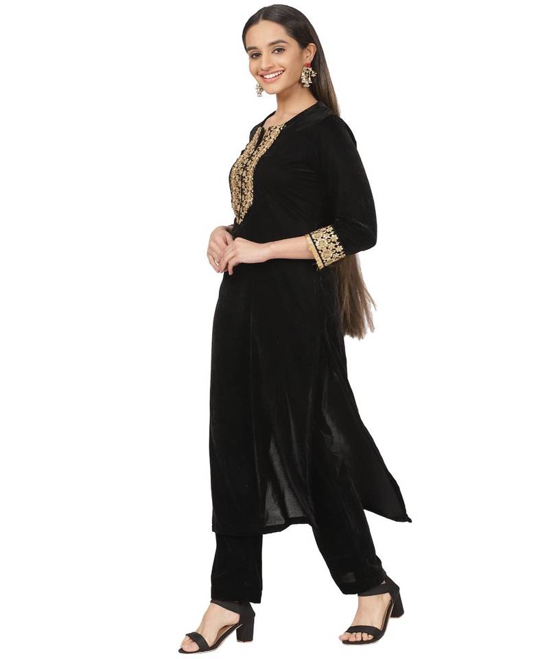 Black Velvet Zari Straight Kurti with Straight Pants