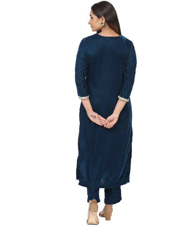 Turquoise Velvet Daffodil Straight Kurti with Straight Pants