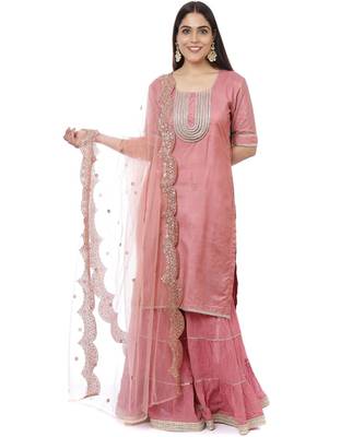 Onion Pink Short Gota Kurti with Crushed Gathered Gota Sharara and Smiling Peach Scalloped Sequin and Thread Net Dupatta 1