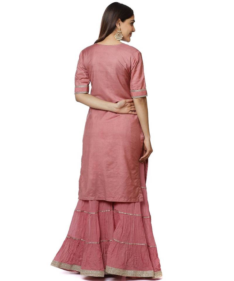Onion Pink Short Gota Kurti with Crushed Gathered Gota Sharara and Smiling Peach Scalloped Sequin and Thread Net Dupatta