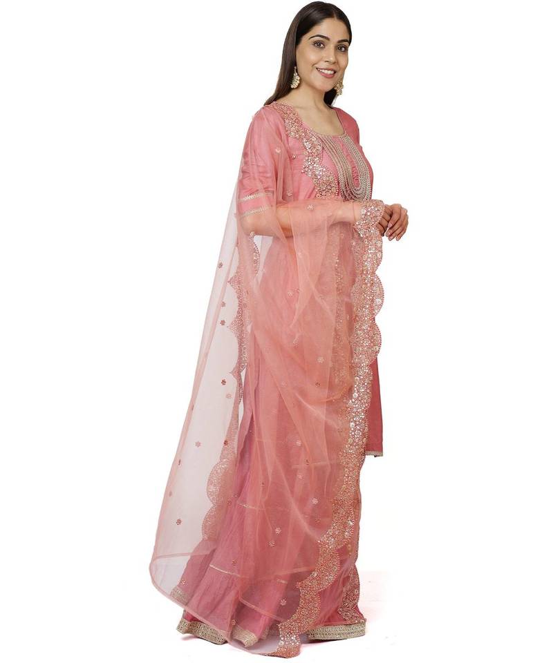 Onion Pink Short Gota Kurti with Crushed Gathered Gota Sharara and Smiling Peach Scalloped Sequin and Thread Net Dupatta