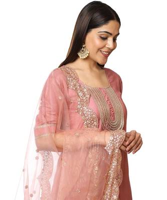 Onion Pink Short Gota Kurti with Crushed Gathered Gota Sharara and Smiling Peach Scalloped Sequin and Thread Net Dupatta 4