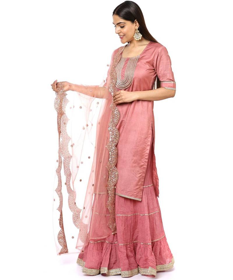 Onion Pink Short Gota Kurti with Crushed Gathered Gota Sharara and Smiling Peach Scalloped Sequin and Thread Net Dupatta