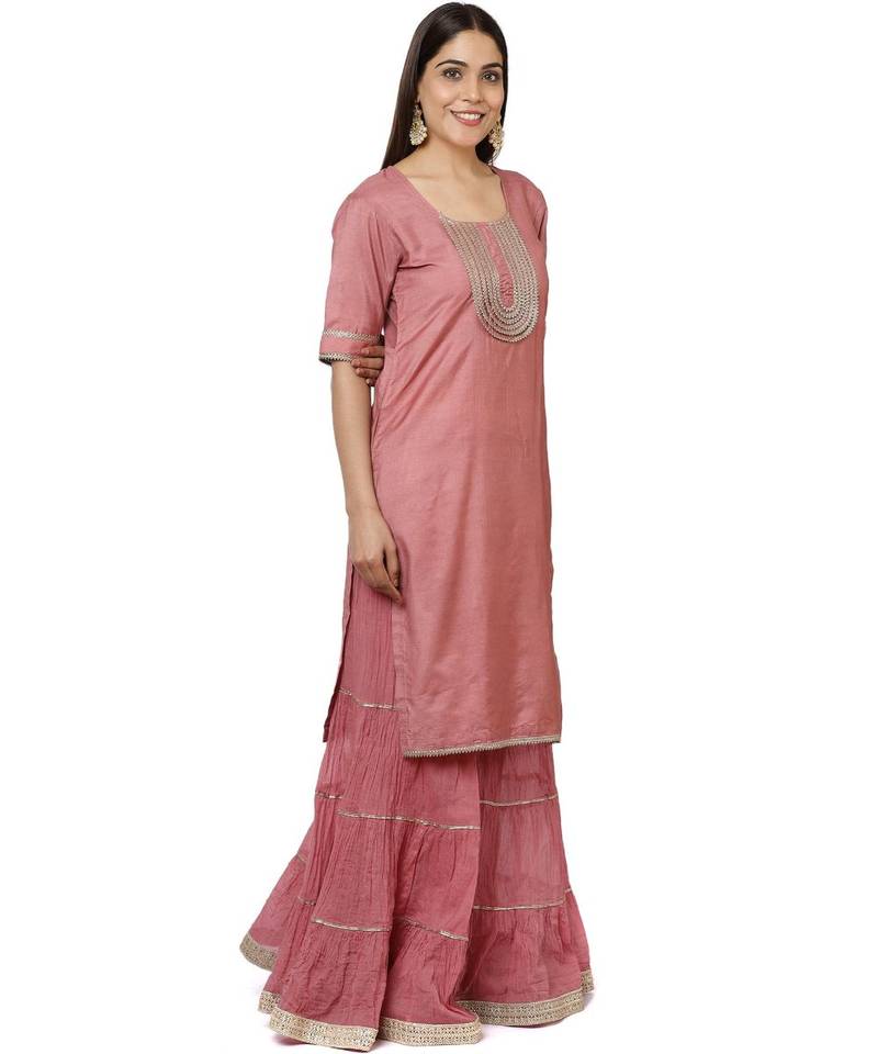 Onion Pink Short Gotta Kurti with Crushed Gathered Gotta Sharara