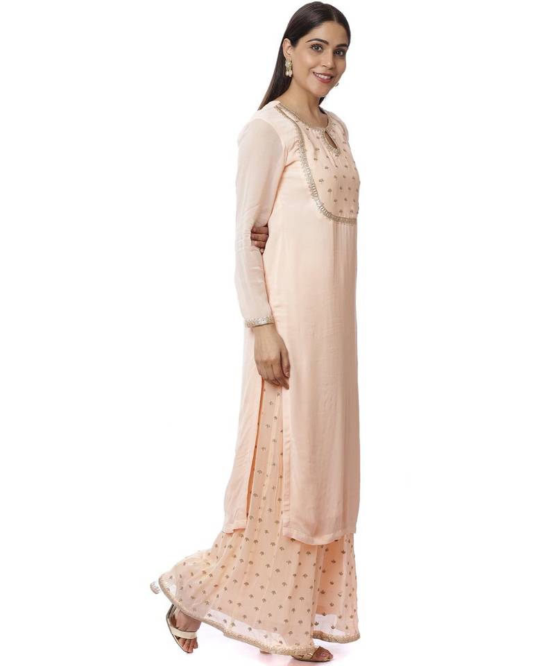 Peach Sequin Yoke Kurti with Sequence Palazzo
