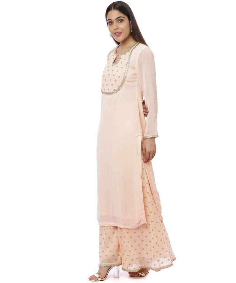 Peach Sequin Yoke Kurti with Sequence Palazzo