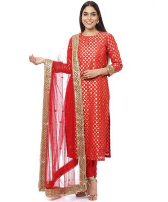 Ruby Red Brocade Straight Kurti with Straight Pants and Sequin Stone Net Dupatta 1