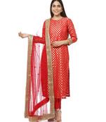 Ruby Red Brocade Straight Kurti with Straight Pants and Sequin Stone Net Dupatta