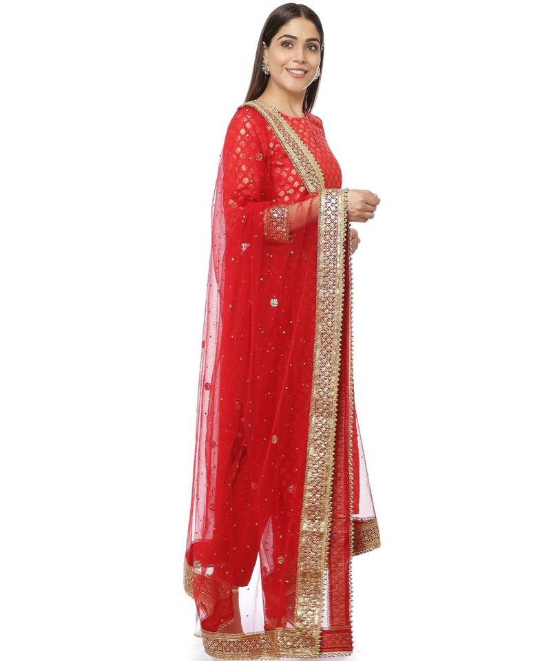 Ruby Red Brocade Straight Kurti with Straight Pants and Sequin Stone Net Dupatta