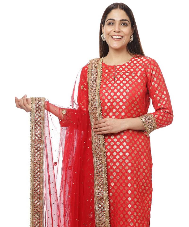 Ruby Red Brocade Straight Kurti with Straight Pants and Sequin Stone Net Dupatta