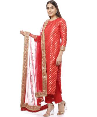 Ruby Red Brocade Straight Kurti with Straight Pants and Sequin Stone Net Dupatta 4