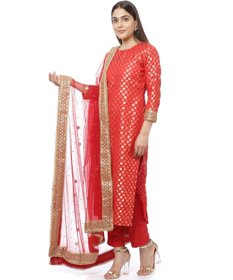 Ruby Red Brocade Straight Kurti with Straight Pants and Sequin Stone Net Dupatta