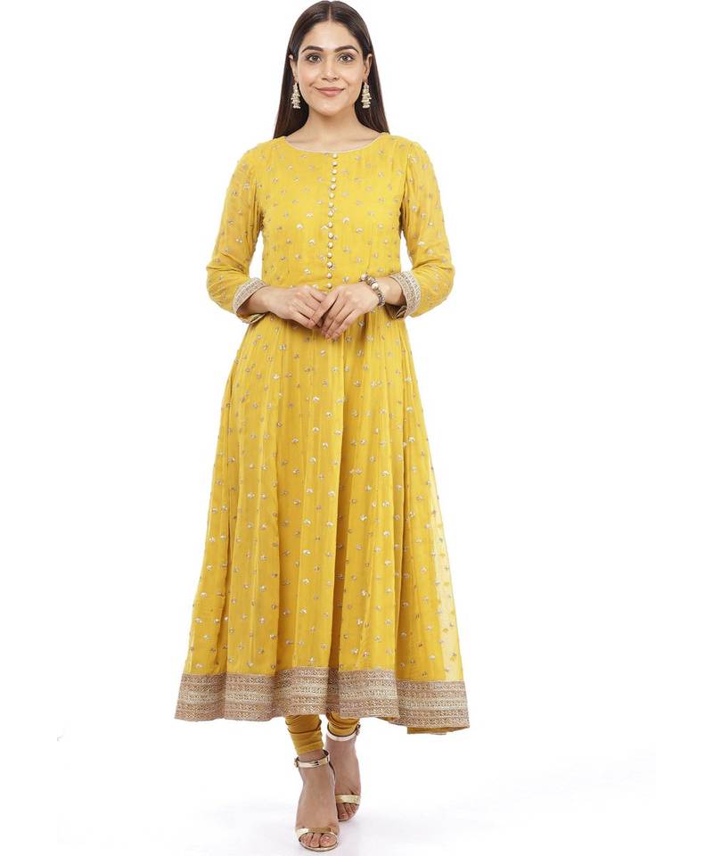 Mustard Yellow Sequence Anarkali with Churidaar