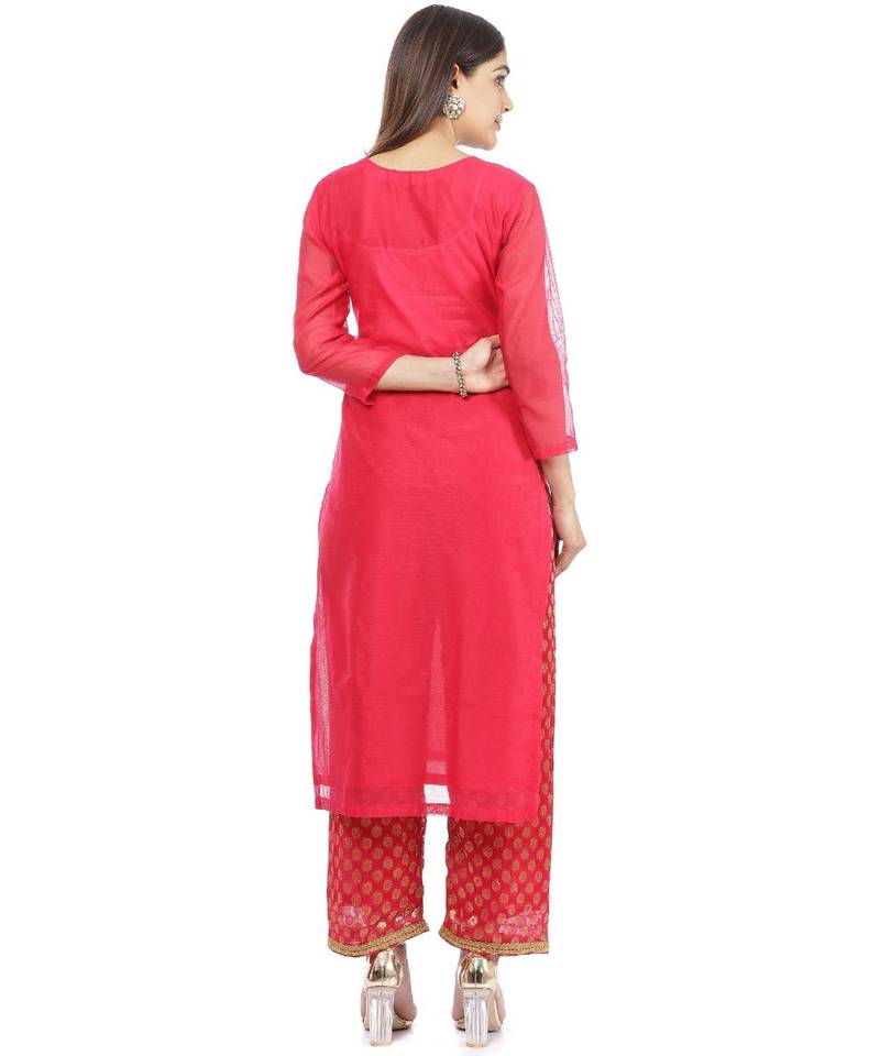 Fuchsia Pink Gotta Patti Embroidered Kurti with Banarasi Palazzo and Net Dupatta