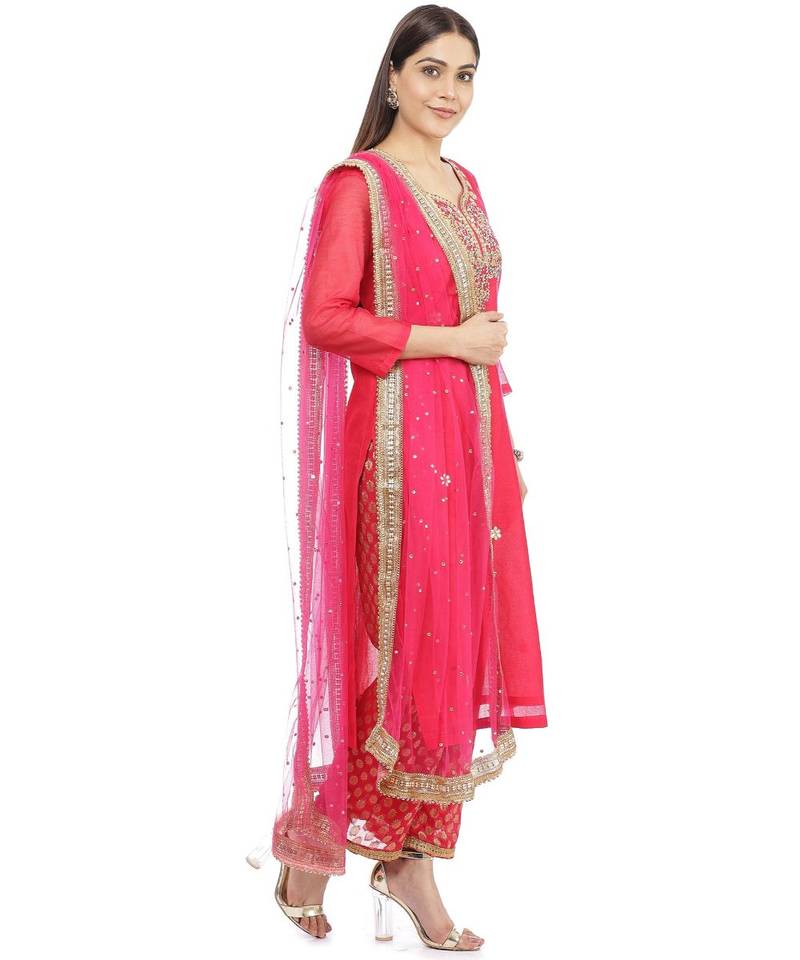 Fuchsia Pink Gotta Patti Embroidered Kurti with Banarasi Palazzo and Net Dupatta