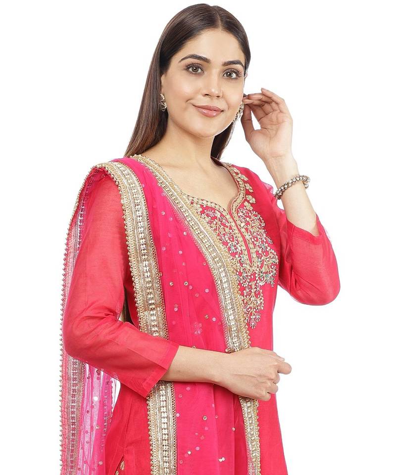 Fuchsia Pink Gotta Patti Embroidered Kurti with Banarasi Palazzo and Net Dupatta