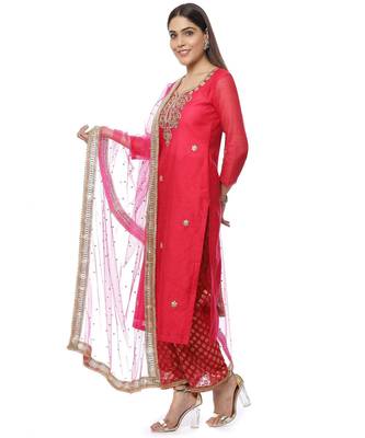 Fuchsia Pink Gotta Patti Embroidered Kurti with Banarasi Palazzo and Net Dupatta 5