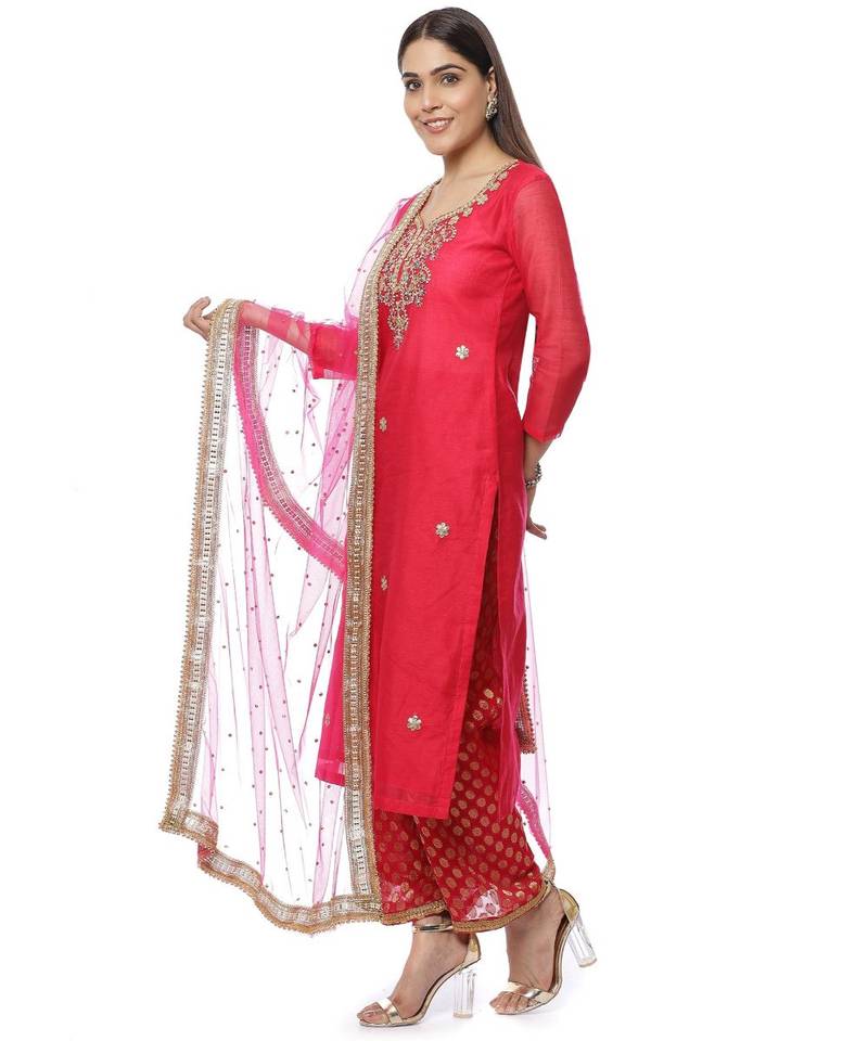 Fuchsia Pink Gotta Patti Embroidered Kurti with Banarasi Palazzo and Net Dupatta