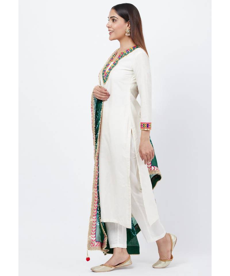 Off-White Freedom Multi Color Mirror Kurti with Straight Pants and Bandhej Dupatta