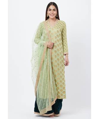 Pista Georgette Banarsi Kurti with Bottle Green Velvet Palazzo and Sequenced Dupatta 1