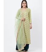 Pista Georgette Banarsi Kurti with Bottle Green Velvet Palazzo and Sequenced Dupatta