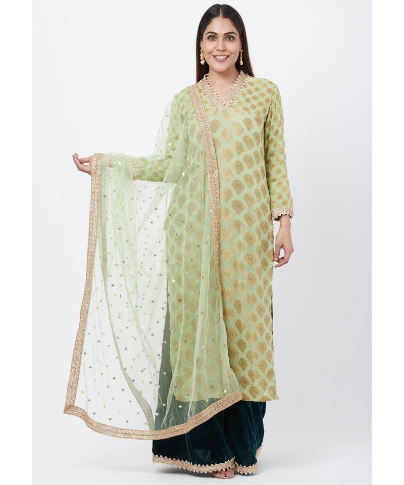 Pista Georgette Banarsi Kurti with Bottle Green Velvet Palazzo and Sequenced Dupatta