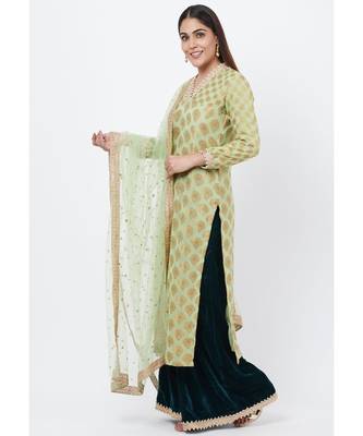 Pista Georgette Banarsi Kurti with Bottle Green Velvet Palazzo and Sequenced Dupatta 3