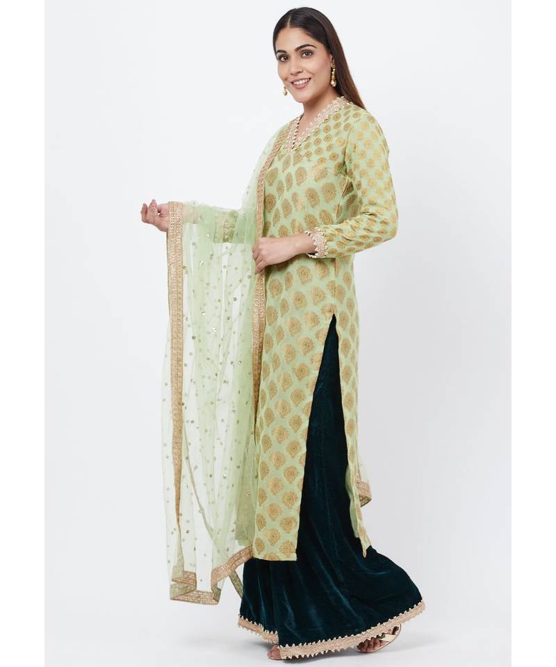 Pista Georgette Banarsi Kurti with Bottle Green Velvet Palazzo and Sequenced Dupatta