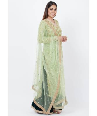 Pista Georgette Banarsi Kurti with Bottle Green Velvet Palazzo and Sequenced Dupatta 4