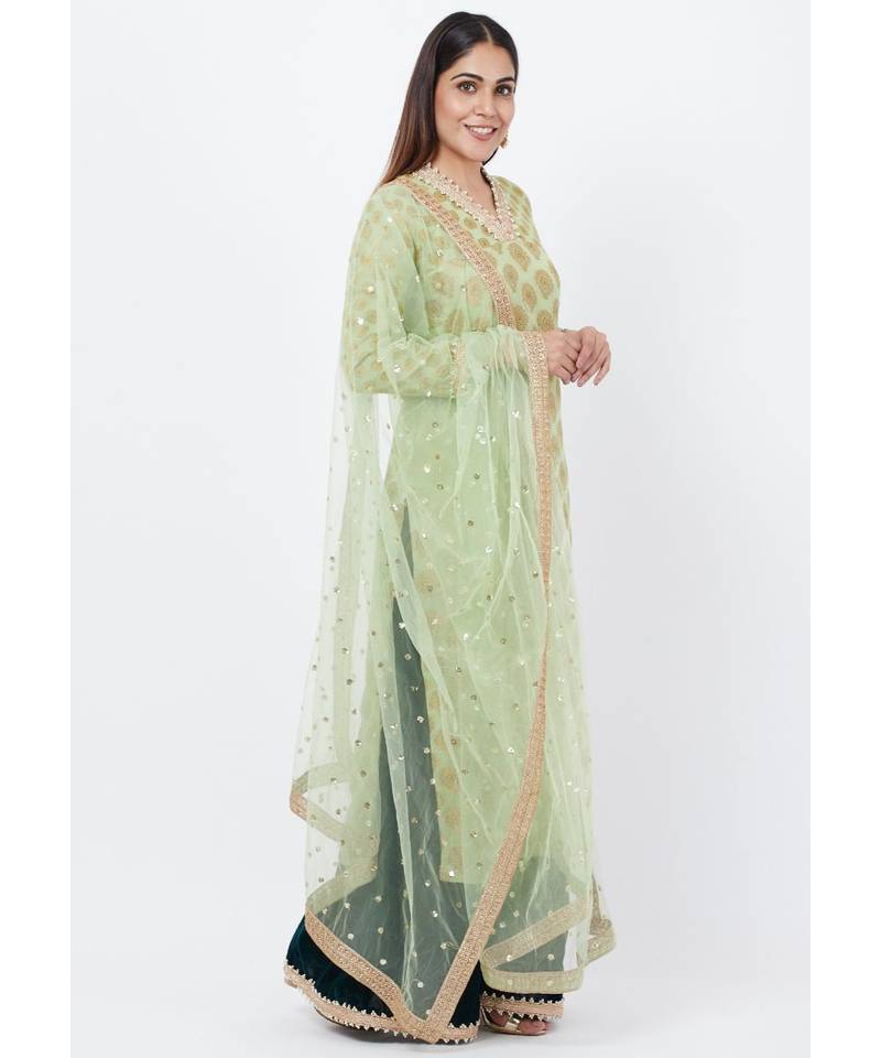 Pista Georgette Banarsi Kurti with Bottle Green Velvet Palazzo and Sequenced Dupatta