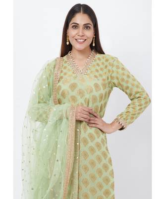 Pista Georgette Banarsi Kurti with Bottle Green Velvet Palazzo and Sequenced Dupatta 5