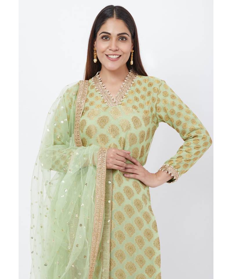 Pista Georgette Banarsi Kurti with Bottle Green Velvet Palazzo and Sequenced Dupatta