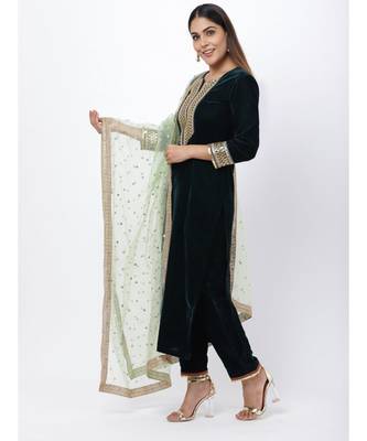 Green Festive Straight Kurti with Straight Pants and Pista Sequence Dupatta 2