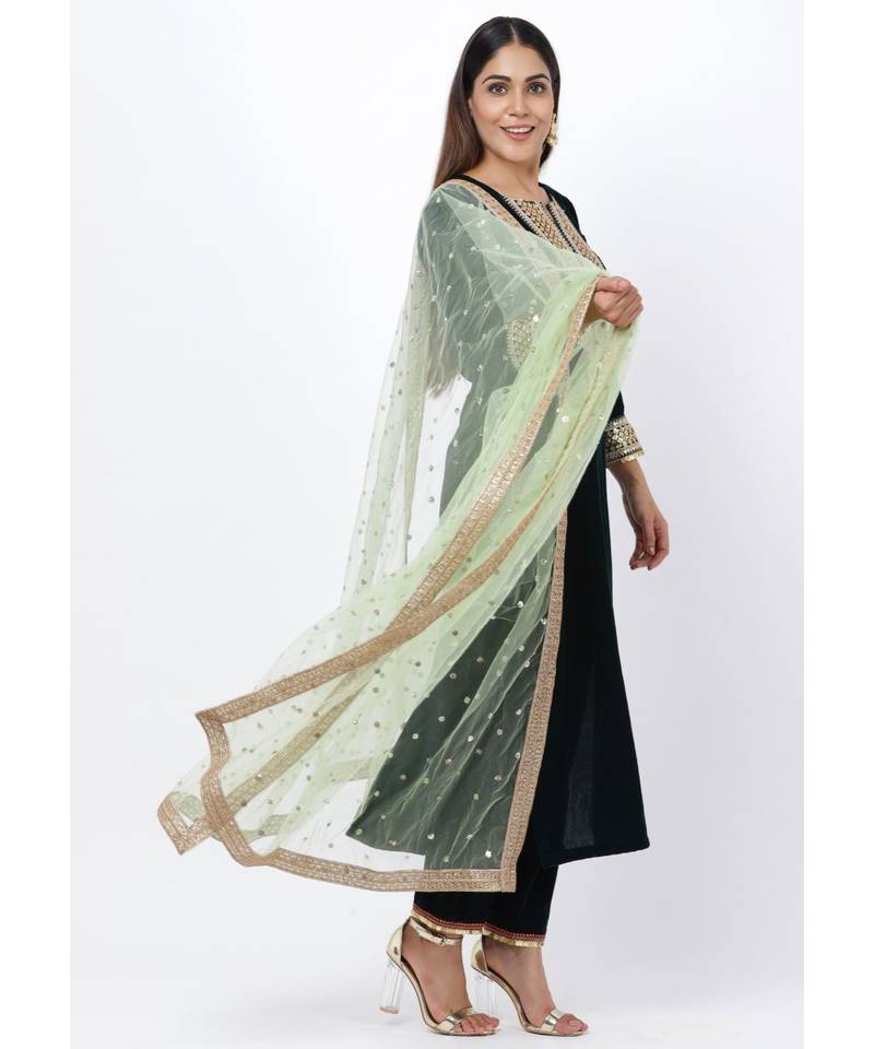 Green Festive Straight Kurti with Straight Pants and Pista Sequence Dupatta
