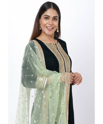 Green Festive Straight Kurti with Straight Pants and Pista Sequence Dupatta 5