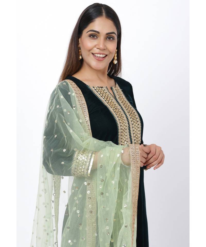 Green Festive Straight Kurti with Straight Pants and Pista Sequence Dupatta