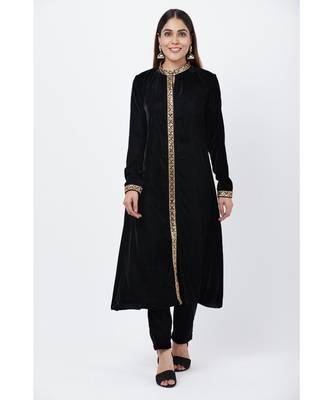 Black Collared Velvet Kurti with Straight Velvet Pants 1