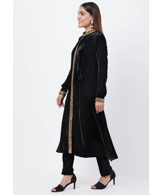 Black Collared Velvet Kurti with Straight Velvet Pants 2
