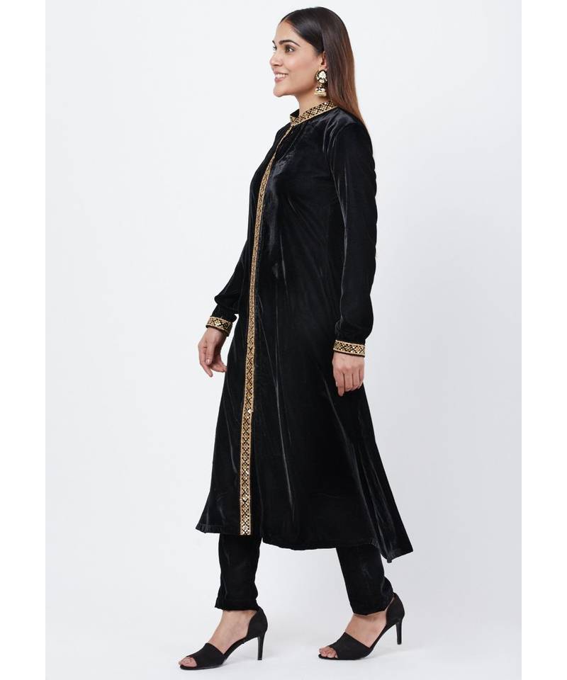 Black Collared Velvet Kurti with Straight Velvet Pants