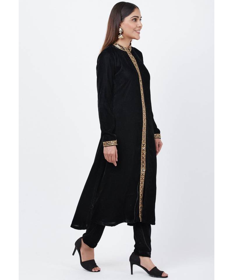 Black Collared Velvet Kurti with Straight Velvet Pants