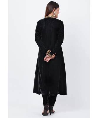 Black Collared Velvet Kurti with Straight Velvet Pants 4