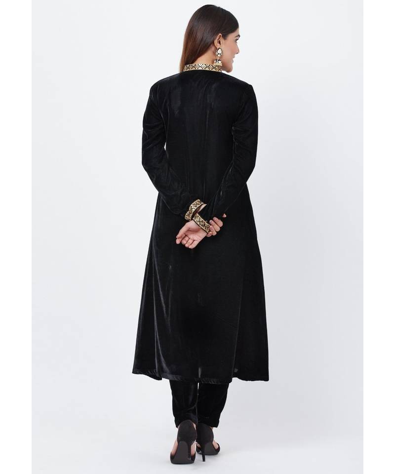 Black Collared Velvet Kurti with Straight Velvet Pants