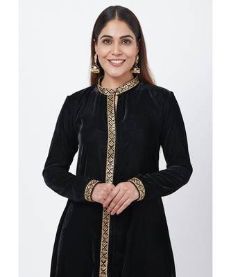 Black Collared Velvet Kurti with Straight Velvet Pants 5